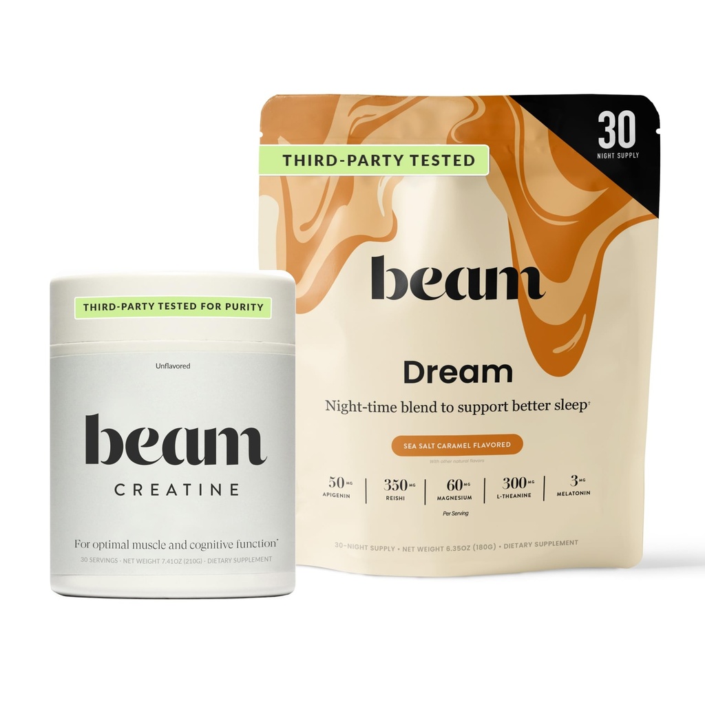 Beam Dream Sleep Powder & Creatine Bundle, Tert Party testat natural Sleep Aid & Recovery Supplement with Micronized Creatin Monohidrat, Unflavored Pure Creatine Powder for Muscle Force, Energy