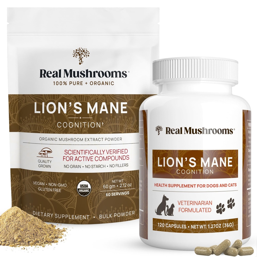 Lions Mane reale pentru oameni (60 serviri) și animale de companie (120ct) - Powder & Capsule Bundle pentru cunoaștere și imunitate - Vegan, non-GMO, Gluten-Free, Grain-Free Suplimente extract de ciuperci