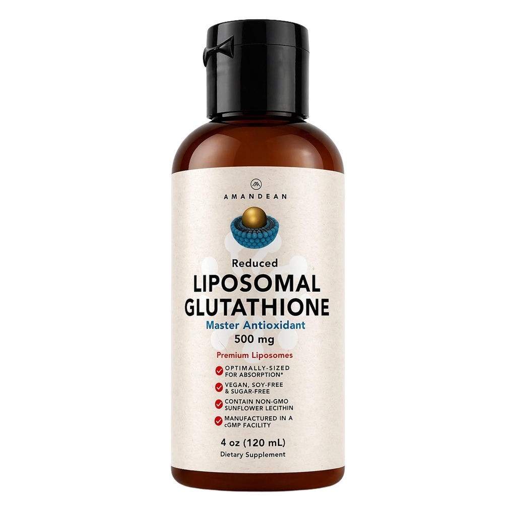 AMANDEAN Liposomal Glutatione Supliment. Lichid redus Setria 500mg. Suport imun, Brain Health, Detoxifiere hepatica, Skin Health. Fosfatidilcolină din lecitină de floarea-soarelui Non-GMO. Soy-Free & Vegan.