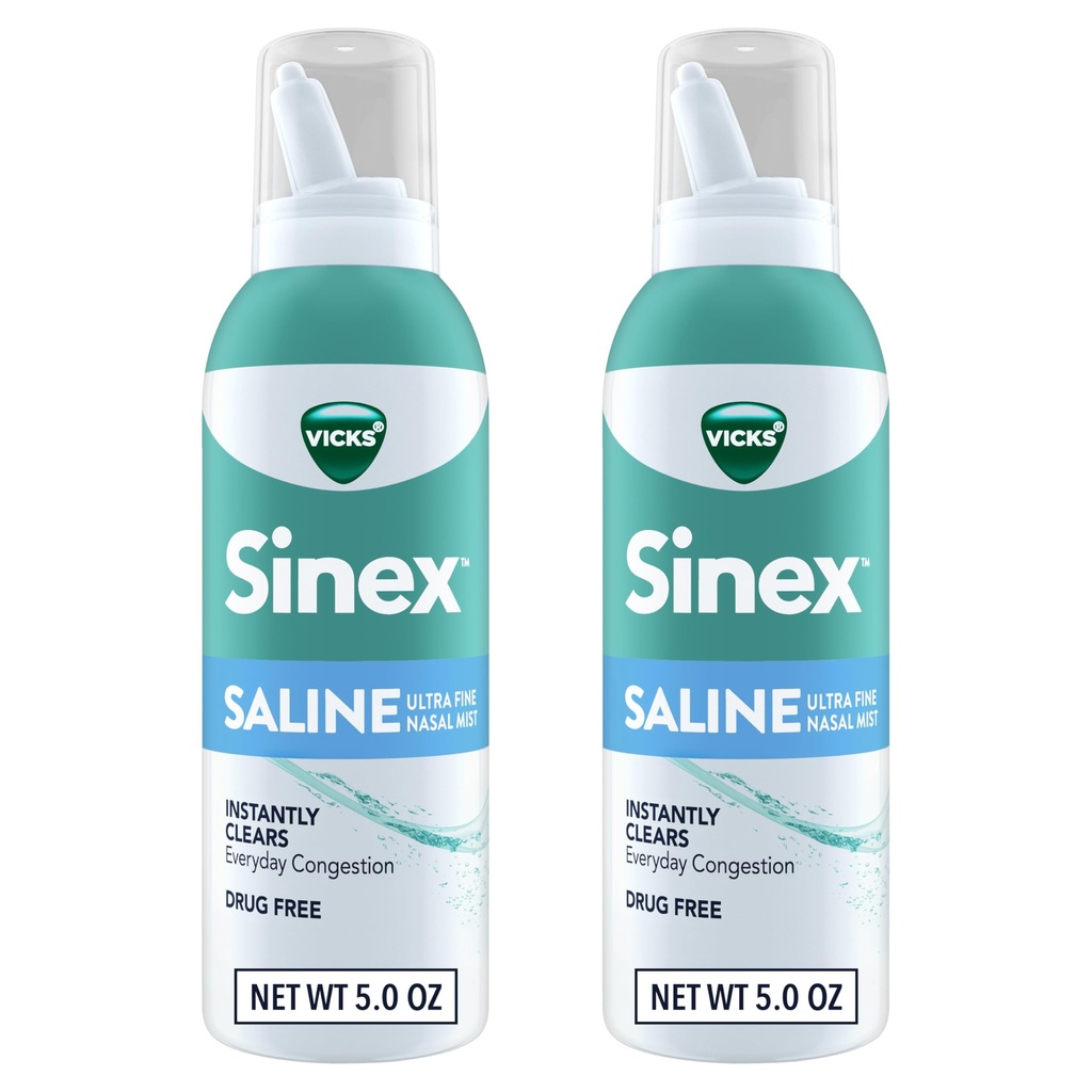 Vicks Sinex SALINE Spray nazal, Ultra Mist fără medicamente Fine Mist, Clear Everyday Sinus Congestion Rapid, Clear Mucus de la un rece sau alergie, Daily Use 5.0 fl oz x 2