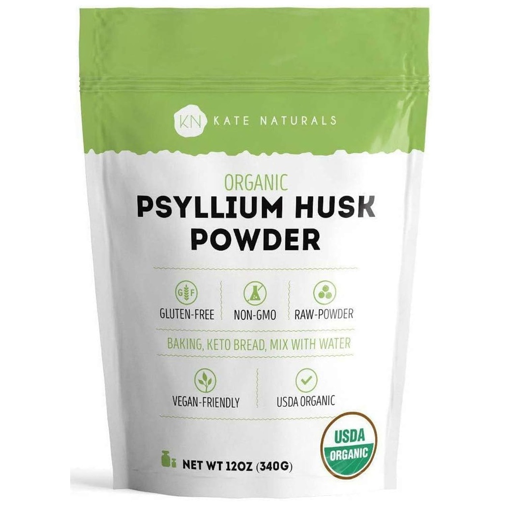 Kate Naturals Psyllium Husk Powder for Cooking, Fiber & Digestion. Psyllium Seed Powder for Dogs & Cats (12oz, Organic, Gluten Free, Pet Safe)