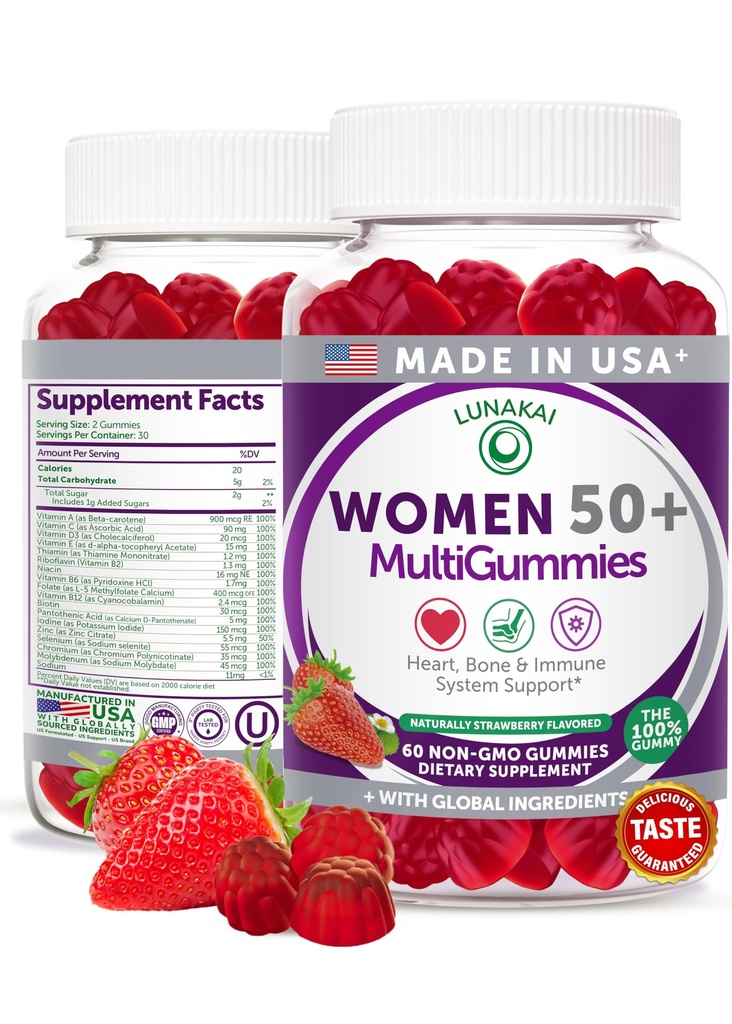 Lunakai SUA Made 50 Plus Femeii Multivitamine Gummies - Formula delicioasa imbunatatit cu vitamine esentiale si minerale pentru sanatate si vitalitate - 60ct