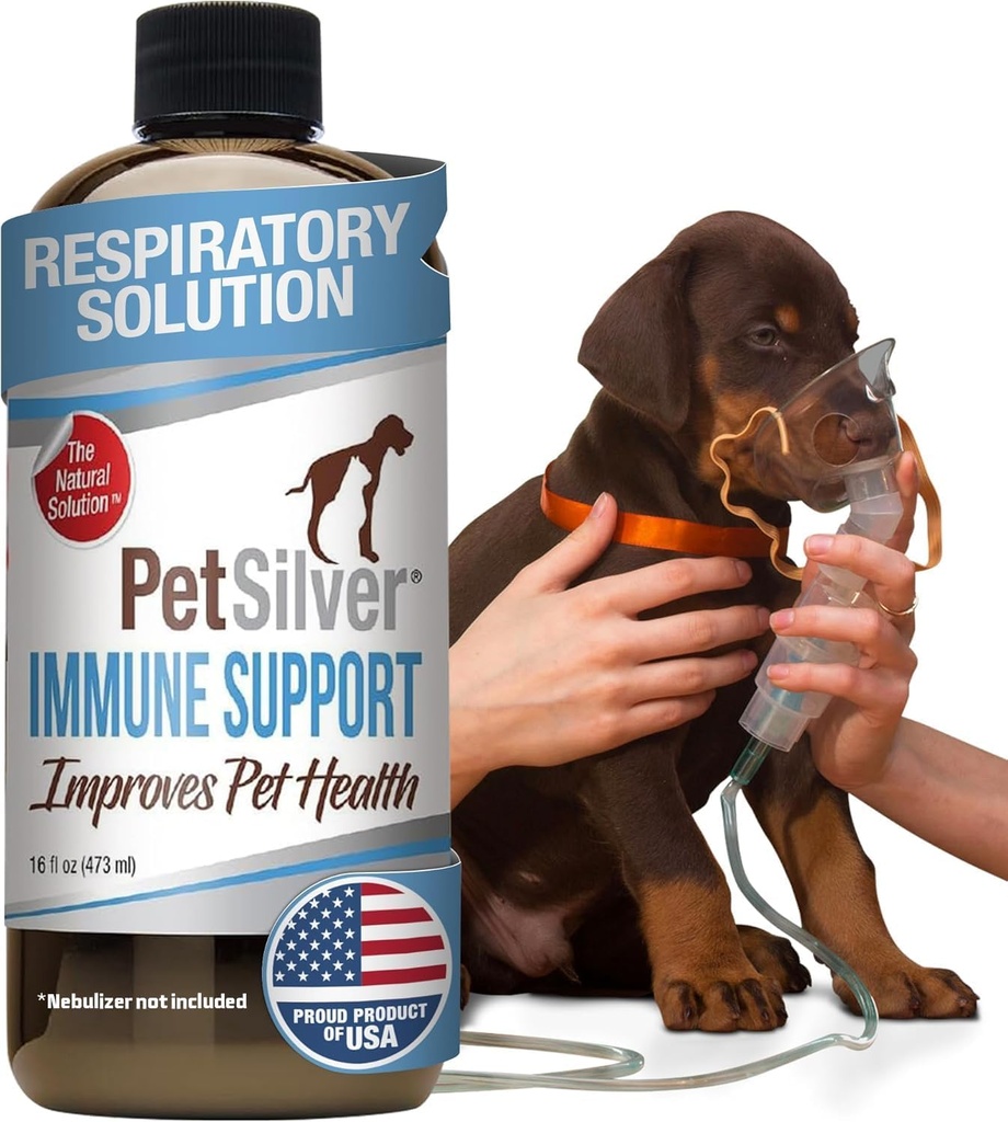 PetSilver Immune Support, Solutie Nebulizator Natural, Promoveaza Sanatatea Respirativa in Pisici & Caini, Alergii, Tratament Sinus & Tuse, Ușor de utilizat, Argint Chelated patentat, Made in the USA, 16 fl oz