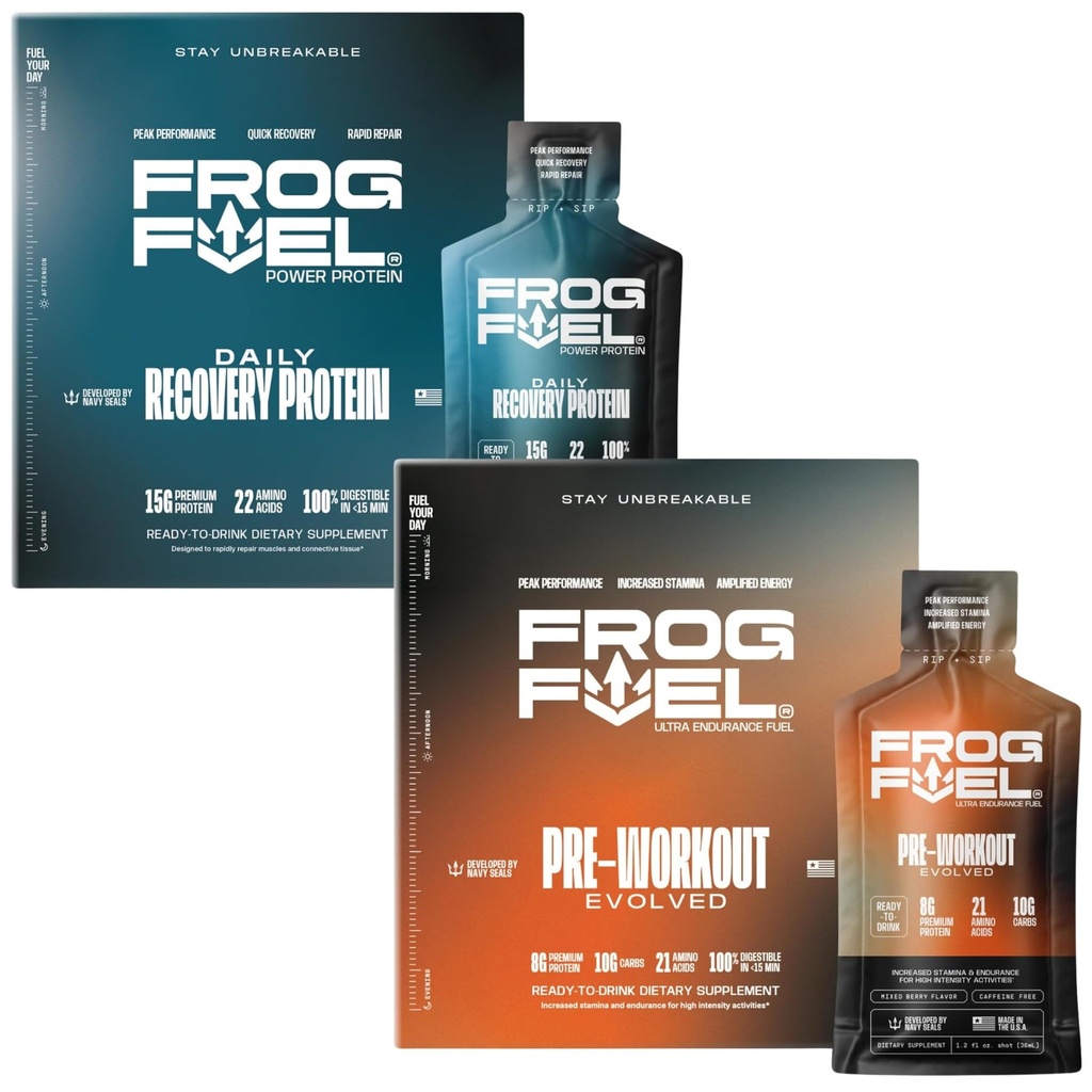 Frog combustibil putere regulat Proteină & Ultra Pre Antrenament Shot Bundle, 1500mg Beta Alanine, 15g Proteine Nano-Hydrolyzed Iarba Fed Colagen, Pre & Post Workout, 1.2 oz Pachete, 48 Pack