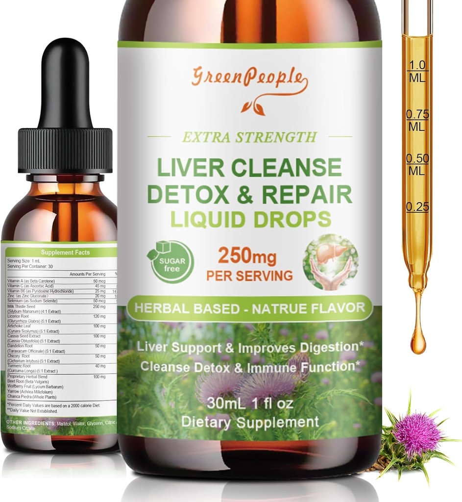 GREENPEOPLE Ficat Cleanse Detoxifiere & Drops de reparații - Suplimentul ficatului w/Milk Thistle Silymarin, Artichoke & Dandelion pentru dezintoxicare hepatică și suport- 16x Potent Herb-Nutrients - 1Fl Oz Flavor natural
