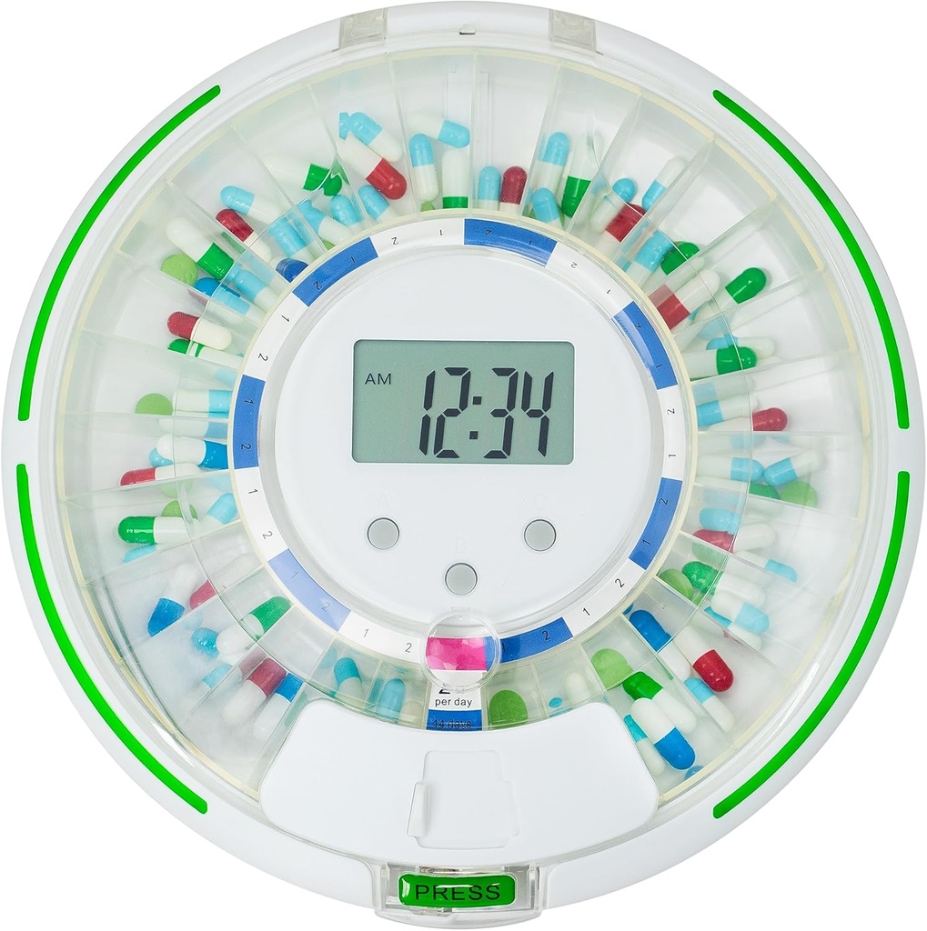 Distribuitor automat de pastile pentru vârstnici cu alarmă, sistem de blocare 28-zile, 6 șabloane de dozare, Alerte de sunet și lumină & Cheie pentru vitamine, Suplimente (Lidul curat)