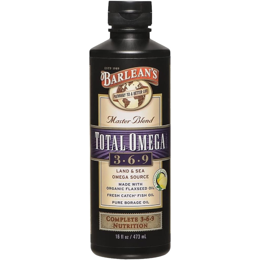 Barlean Total Omega 3 6 9 supliment de ulei de pește lichid cu Boraj și ulei de in 6,468 mg de Omegas EPA, DHA, ALA și GLA pentru sănătatea articulară și cardiacă, 16 oz