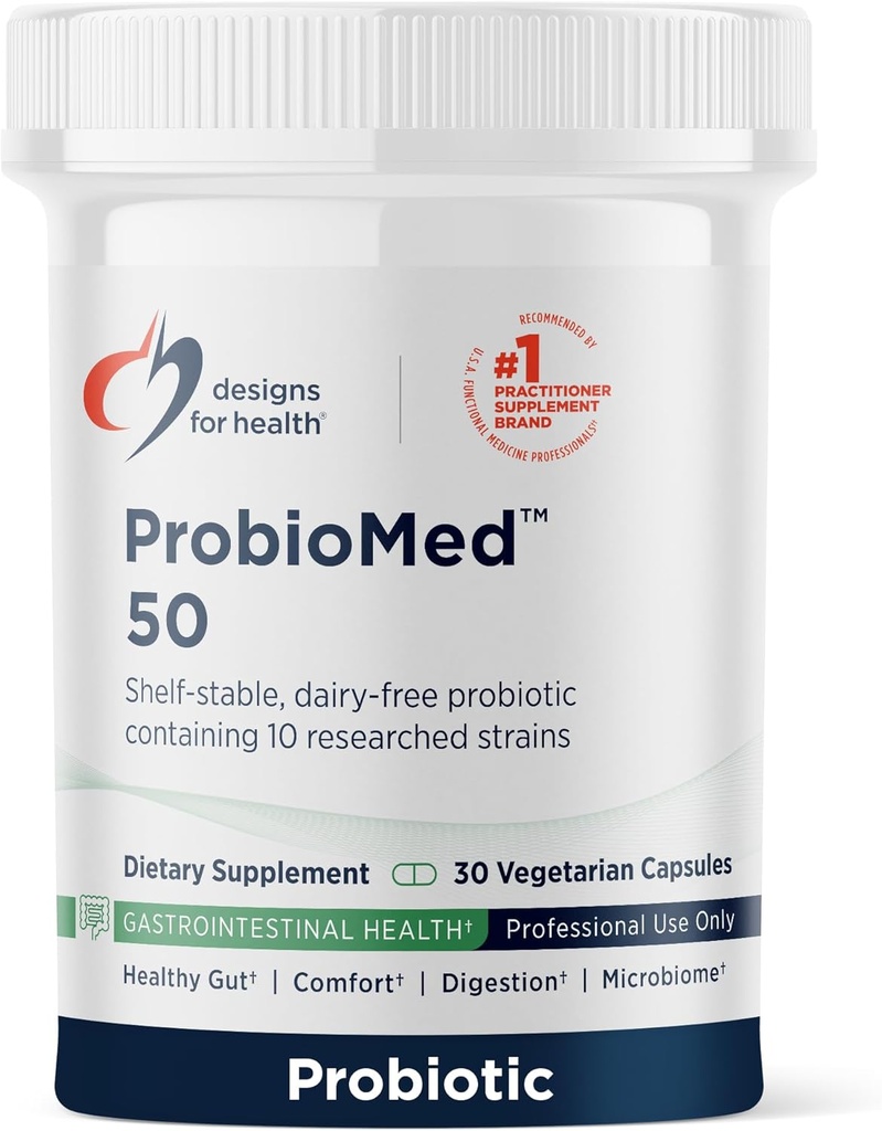 Proiectări pentru sănătate ProbioMed 50 - Probiotice pentru sănătate digestivă - 10 Tulpini cu Lactobacillus acidophilus Probiotic + Lactobacillus rhamnosus - Gut Health + Suplimentul de sprijin imun (30 Caps)