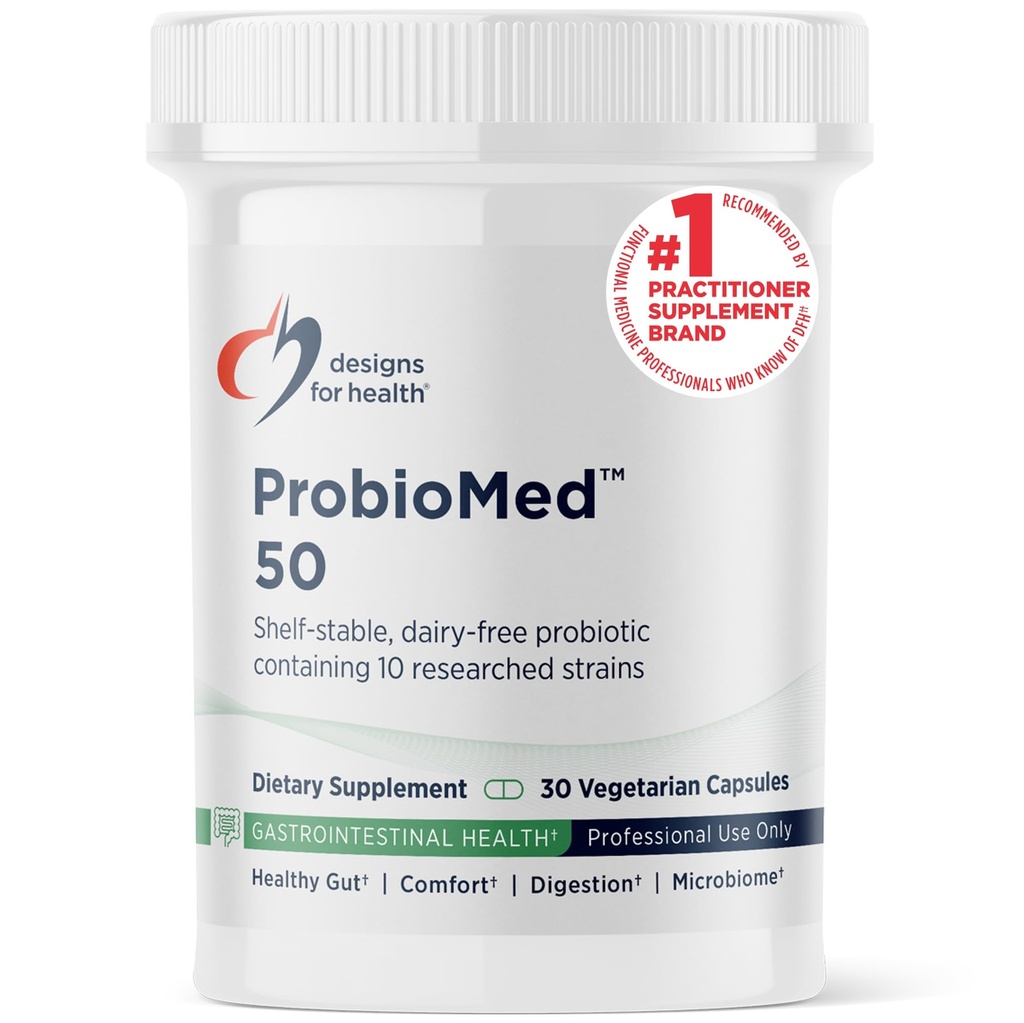 Proiectări pentru sănătate ProbioMed 50 - Probiotice pentru sănătatea digestivă - 10 Tulpini cu Lactobacillus acidophilus Probiotic + Lactobacillus rhamnosus - Gut Health + Suplimentul de sprijin imun (30 Caps)