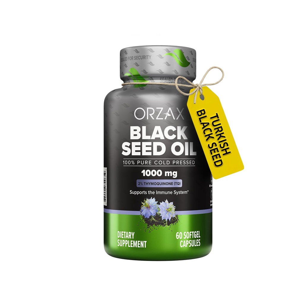 OrzAX 1000 mg Black Seed Oil Capsule organice de rece presate cu 20mg Thymochinonă pentru suport imunitar, păr bun, piele, și articulații (60 capsule de gel moale)