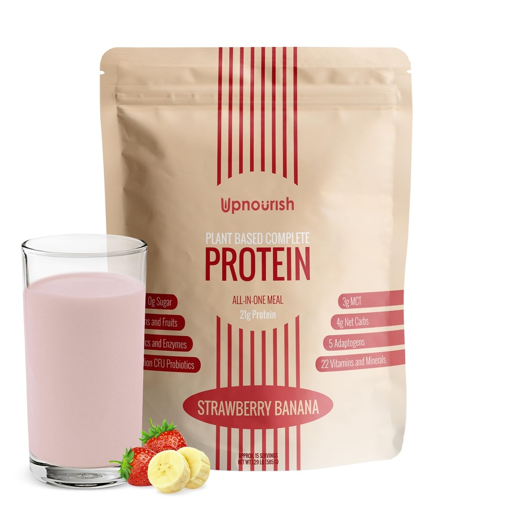 UpNourish căpșuni Banana Vegan Pulbere de proteine 54 Superalimente Pulbere 1,5 miliarde CFU Probiotice 21g Proteină pe bază de plante, fără zahăr Nu lactate fără OMG lactate,Meal de înlocuire Shake Keto-Friendly Low-Carb Diet,15 Serviri