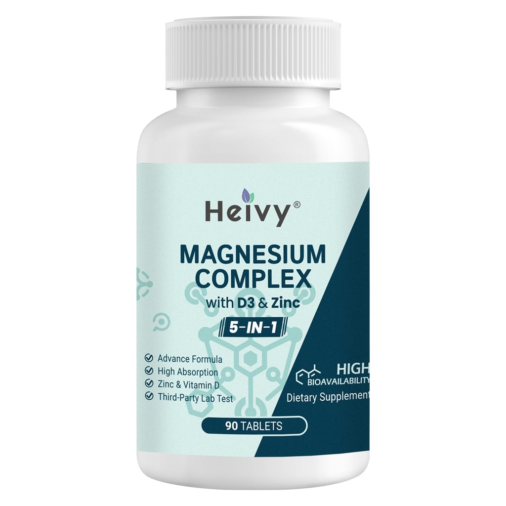 Complex de magneziu Heivy, Glicinat de magneziu, Citrat, Malat, Oxid, Gluconat cu zinc și vitamina D3, Supliment de magneziu pentru mușchi, nerv, inimă, suport osos, Absorbție ridicată, 90 comprimate
