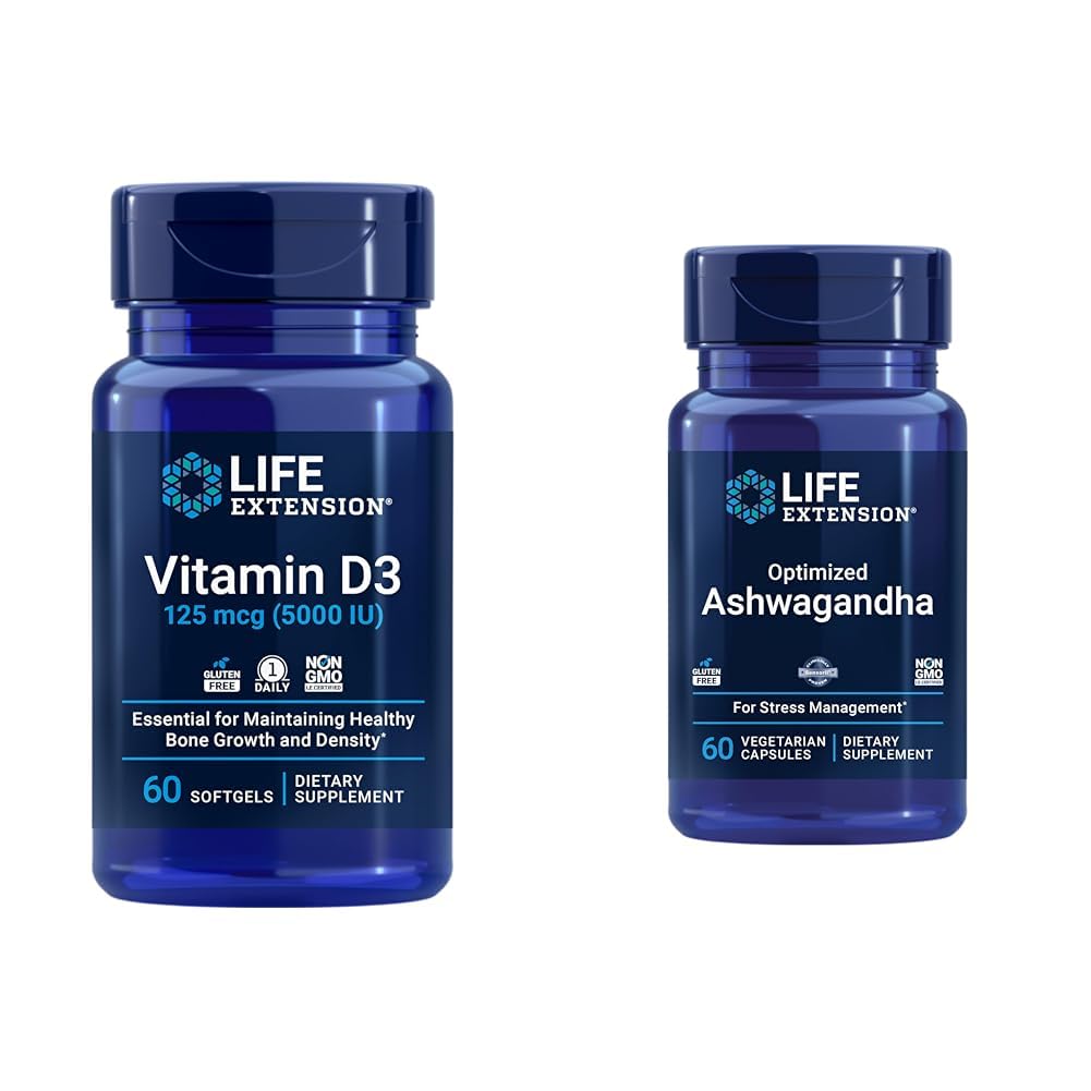 Extensie de viaţă Vitamina D3 5000 UI, Ashwagandha - Stres Relief, Focus, Memorie, Suport pentru dispoziţie - Non-GMO Supliment Bundle