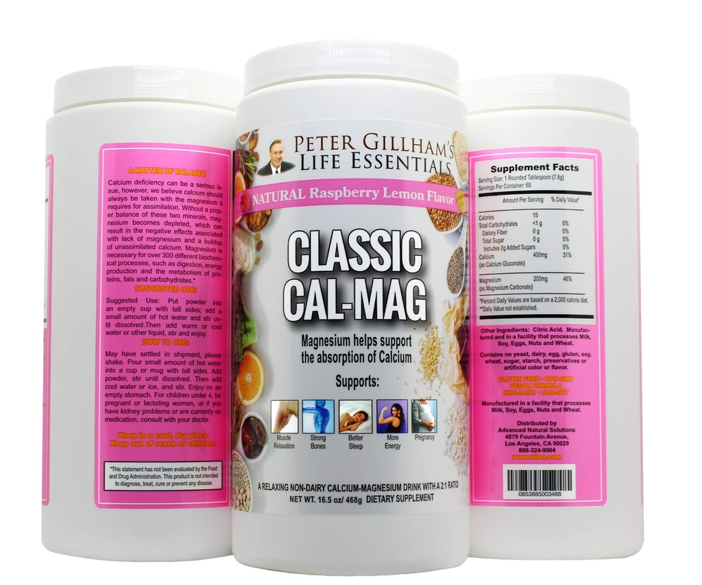 Clasic Cal-Mag Powder Raspberry Lemon, original 2:1 Formula, 16.5oz(60 Servings) Sleep & Stres Aid, pentru relaxare musculară, Creme de picioare, oase și dinți. Made in The USA