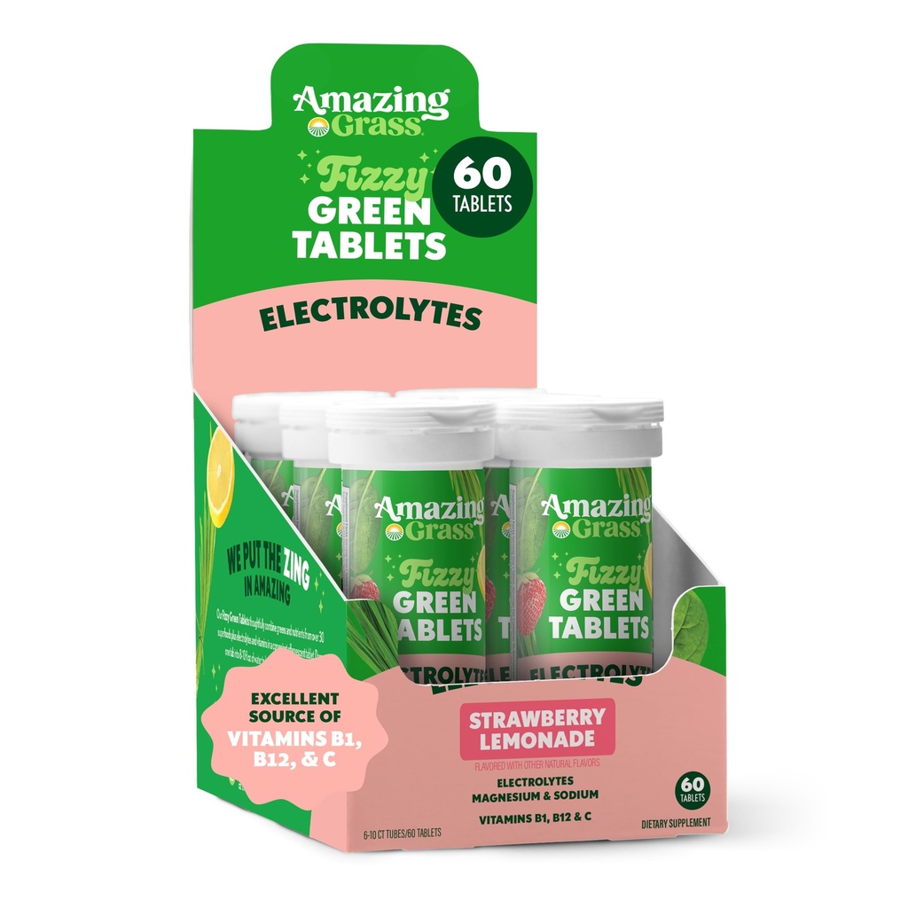 Uimitoare Iarbă Electrolit tablete, Fizzy Greens tablete de aromatizare cu apă cu vitamine, Hidrate căpșuni Lemonade, 10 Count (Pachet de 6) (Pachet mai Vary)