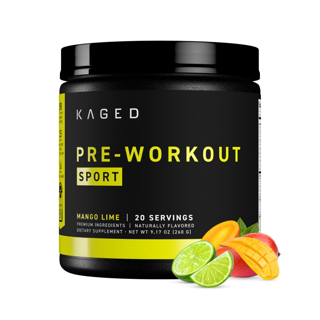 Kaged Sport Pre Workout Pulbere pentru bărbați și femei, Lime Mango, Sport Certified, 188mg Cafeina, Suplimentul oxid de azot, Beta Alanina pentru energie, Haltere, Cardio Rezistență & Putere, 20 Serviri