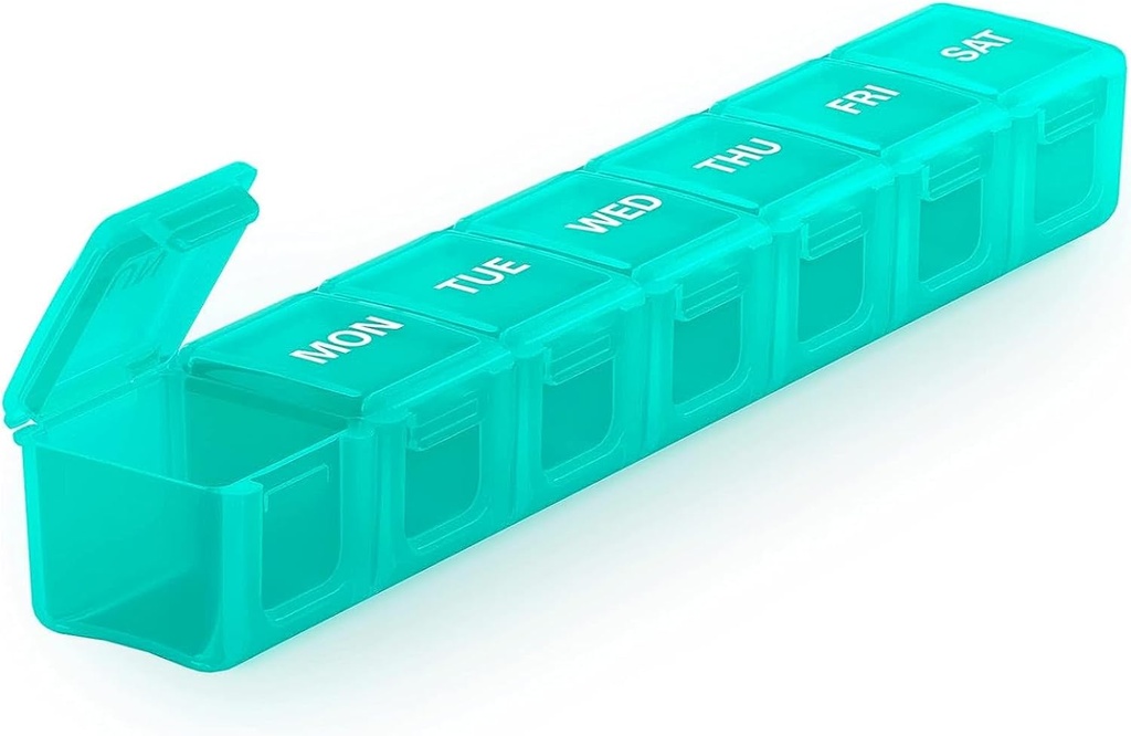 Sukuos Extra Large Weekly Pill Organizator, 7 Day Daily Pill Box Caz Artrită prietenoasă, Silkscreen Printed Medicine Container cu Lid clar pentru vitamine, uleiuri de pește sau suplimente (Cyan)