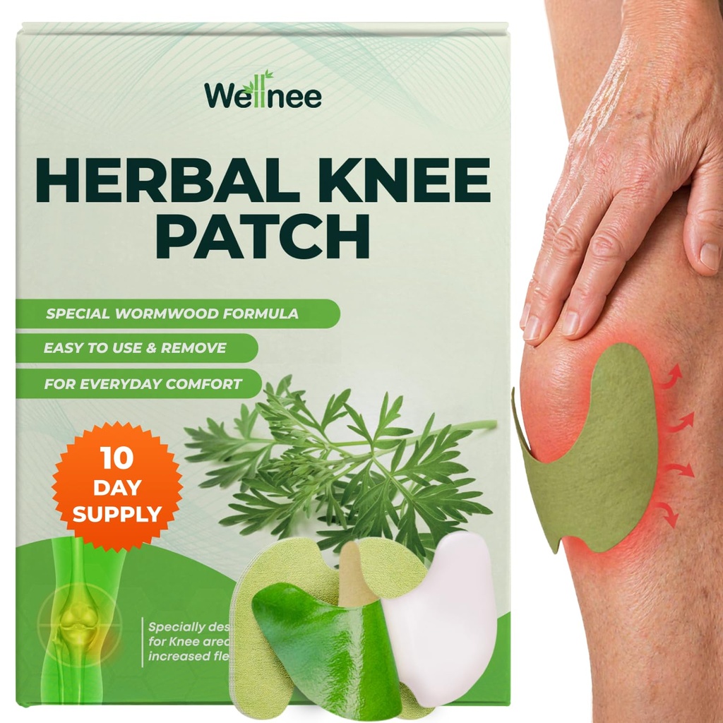 Wellnee Original Herbal Knee Patch - Wellknee Plaster pentru suport genunchi și dureri musculare - Putere maximă pentru un ajutor temporar - Patches de căldură adezivă realizate cu plante naturale pentru wellness (10 Pads)