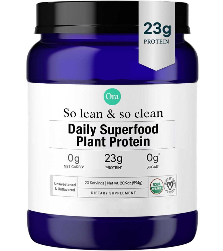 Ora Organic Vegan Proteine pulbere - 23g plante pe bază de proteine de mazăre + Superalimente pentru femei și bărbați - Neîndulcite și nearomatizate - 20 Serviri, Fără Eritritol, Keto-Friendly, Gluten-Free, Paleo, Soy-Free