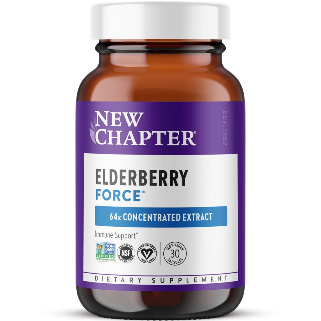 Capitol nou Vegan Elderberry capsule cu 64x concentrat Black Elderberry + Black Currant pentru suport imunitar cuprinzător, Proiect non-GMO verificat, Gluten gratuit, Certified Vegan, 30 Conte