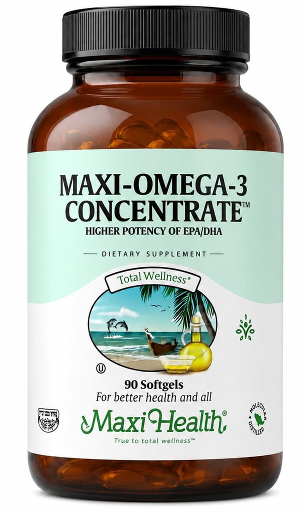 Maxi Health Omega 3 Supliment - Omega-3 Concentrat de ulei de pește - Sursa de potență superioară de acid gras EPA/DHA - inimă, creier și sănătate comună - Kosher Certified Wild Caught Fish - 90 Vegetarian Softgels