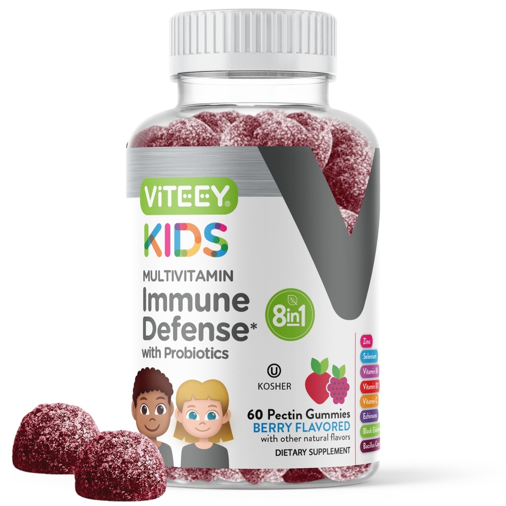 Viteey Kids Multivitamine Gummies cu Probiotice - 8-1 Copii Vitamine pentru Suport Imun cu Vitamina C, D3, B12, B6, Zinc, Elderberry, Seleniu - Vegetarian - Chembable Tasty Berry Aromat