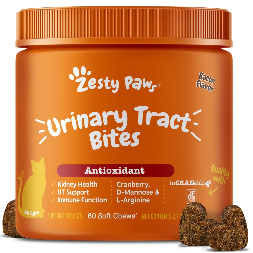 Zesty Paws Cranberry Urinian Tract Bites pentru pisici - Rinichi si tract urinar Health - Soft Chews with D-Mannose, Vitamina B6 & L-Arginina - Immune & Gut Support - Bacon - 60 Count