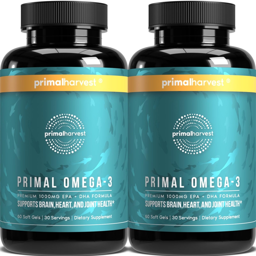 Primal Harvest Omega 3 Suplimente de ulei de pește, 30 Serviri Geluri Soft Capsule w/ 1000 mg EPA + Suplimente DHA, Fără Burps Fishy Non- GMO Omega 3 Acid gras, 2 ambalaj
