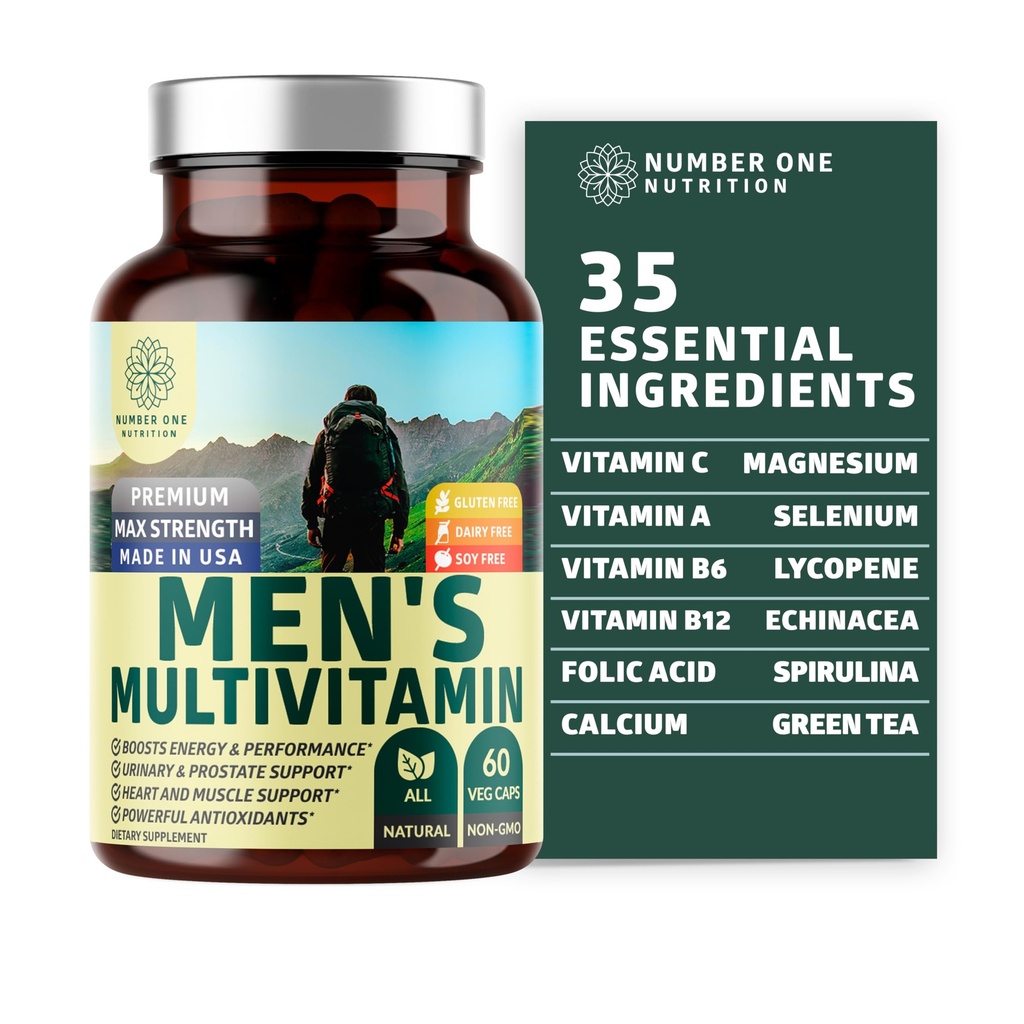 Number One Nutrition Premium Men's Daily Multivitamine Multimineral Supplement [Gluten Free, Non-GMO], Vitamine A C E D B1 B2 B3 B5 B6 B12, Magneziu, Biotin, Sprulina, și zinc, 60 Veg Caps