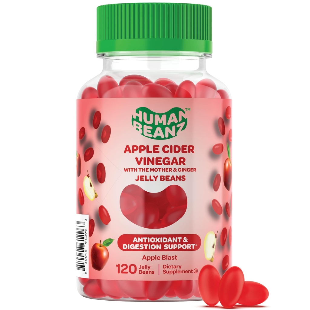 Apple Cidru Oțet Jelly Bean Gummies cu mama și ghimbir, Vegetarian Suplimente dietetice pentru bărbați și femei, Digestive Health Support, 120 Apple Blast Jelly Beans, Kosher