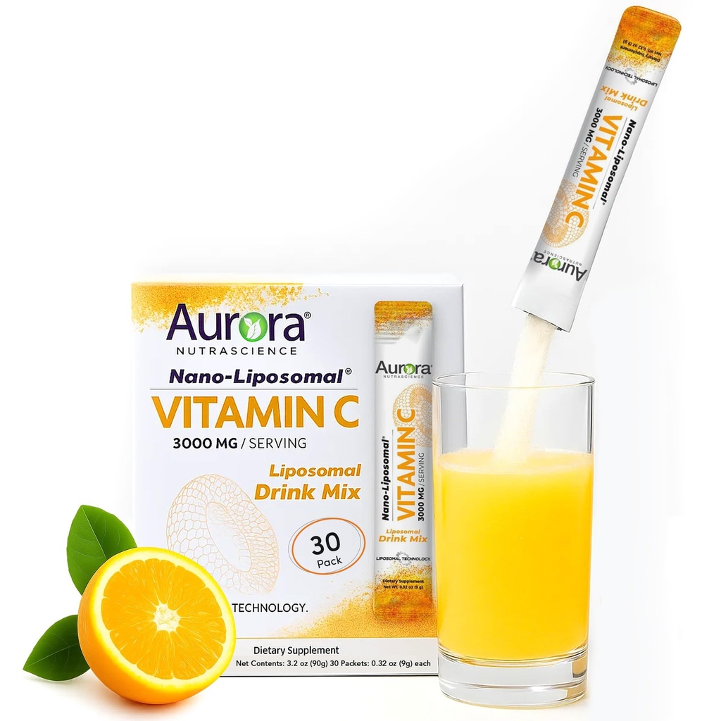 Aurora Nutrascience Nano-Pack Liposomal Vitamina C pulbere Drink Mix, Suport Imun, Putere mare 3000 mg Per Serving, 30 Pachete de unică servire, Portocaliu