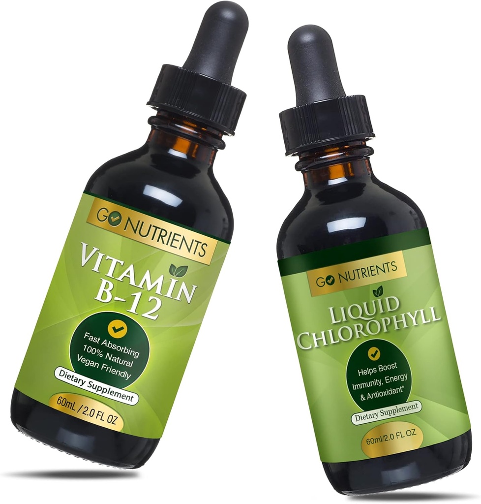 Go Nutrients Vitamina B12 2 oz & Liquid Clorofill 60 ml OMG Free, Vegan Friendly, Gluten Free, Soy Free, Liquid Clorofill Vegan Friendly B12 Supliment sublingual cu 3000 mcg metilcobalamină