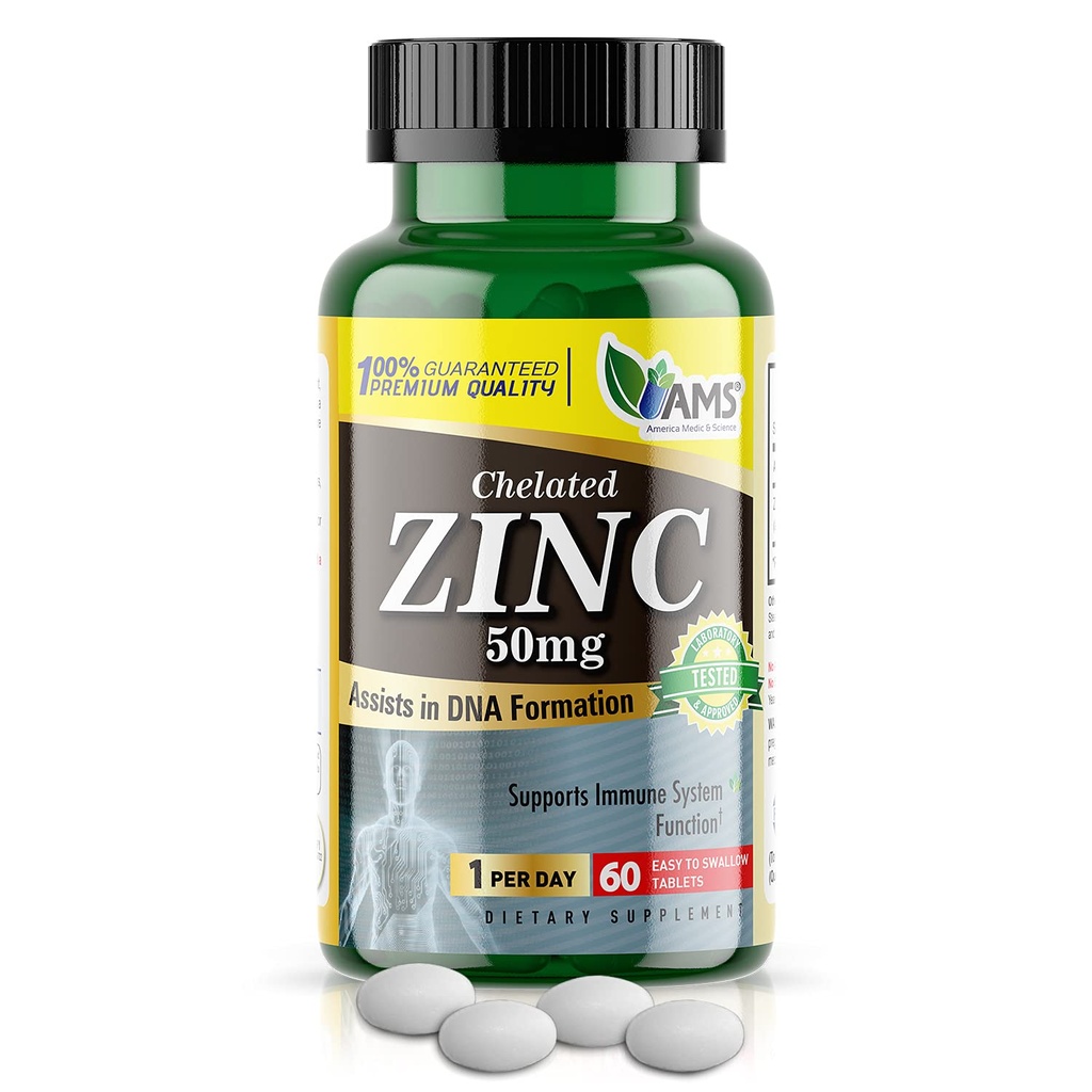 America Medic & Science Suplimente de zinc 50 mg Chelate (1 pachet de 60 comprimate) Booster imunitar și pastile antioxidante puternice pentru adulți Bărbați și femei 