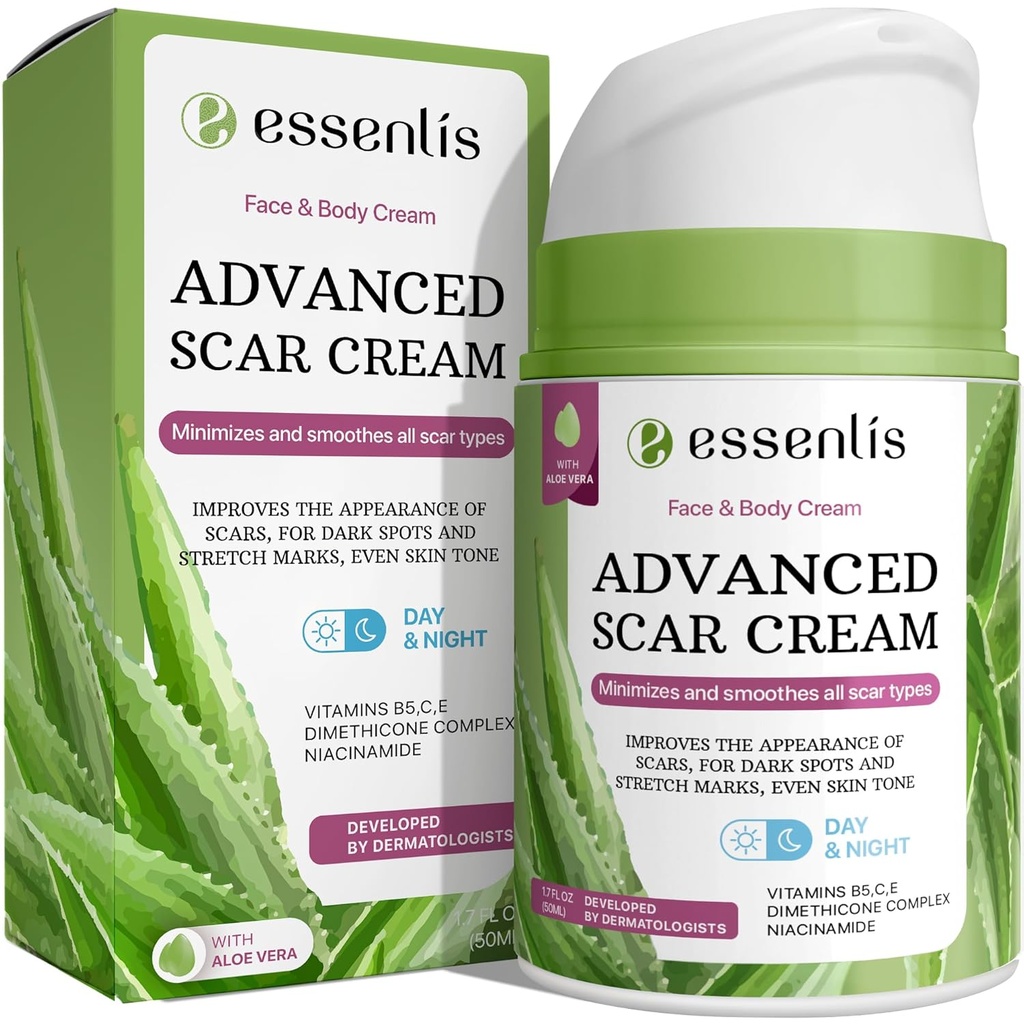 Indepartarea cicatricilor Crema pentru femei si barbati, repararea rapida a cicatricilor noi vechi, pete, arde toate tratamentele naturale cu vitamina E, B5, C, Aloe Vera, 1.7 Fl Oz