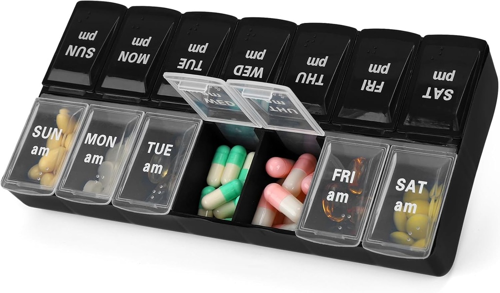 7 zile AM săptămânal Organizator de pastile, 2 ori pe zi pastile mari cutie de pastile pentru suplimente de vitamine pastile (Black+White,2 ori)