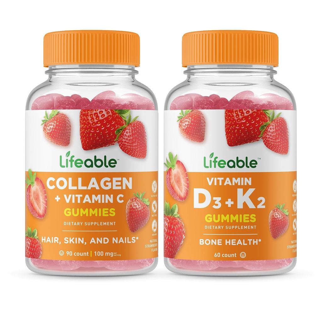 Colagen și vitamina C cu viață + vitamina D3 + vitamina K2, Gummie Bundle - mare degustare, supliment de vitamine, gluten gratuit, OMG-uri fără, guma de mestecat