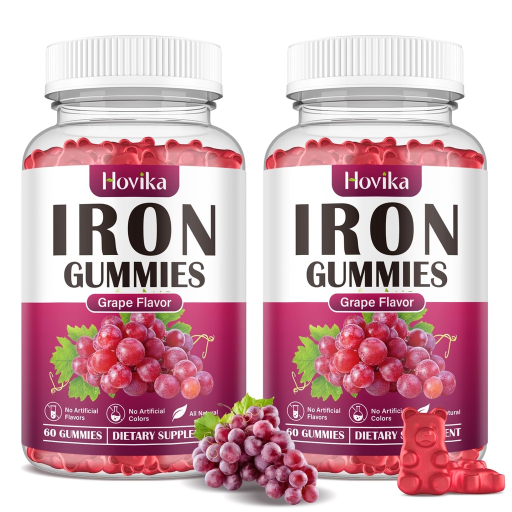 (2 ambalaj) Gummie de fier Supliment pentru femei si barbati, Suplimente de fier pentru anemie cu vitamina C, B12, Folate-Blood Builder & suport energetic pentru deficit de fier - Aroma de struguri, Vegan, 120 Gume