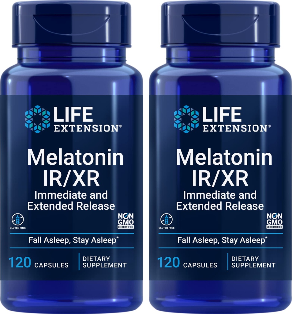 Extensie de viaţă Melatonin IR/XR, 120 capsule (Pachetul de 2) - Imediat şi extins-Release pentru 7 ore de sprijin - Suplimentul de timp de noapte - Stai adormit toată noaptea - non-GMO, gluten-gratuit