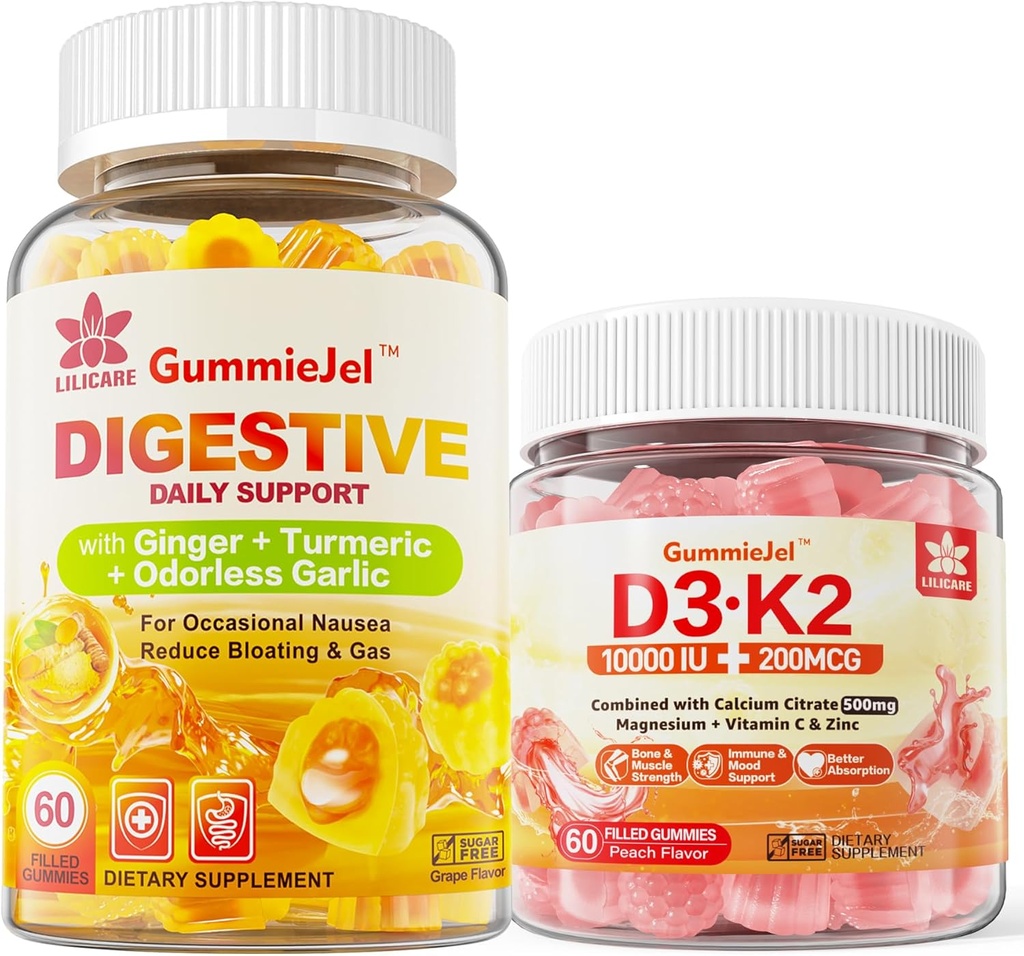 Vitamin D3 K2 Filled Gummies 5000IU / 10,000 IU with 500mg Calcium, Magnesium Citrate, Vitamin C & Ginger Chews Supplement Gummies for Nausea, Stomach Relief
