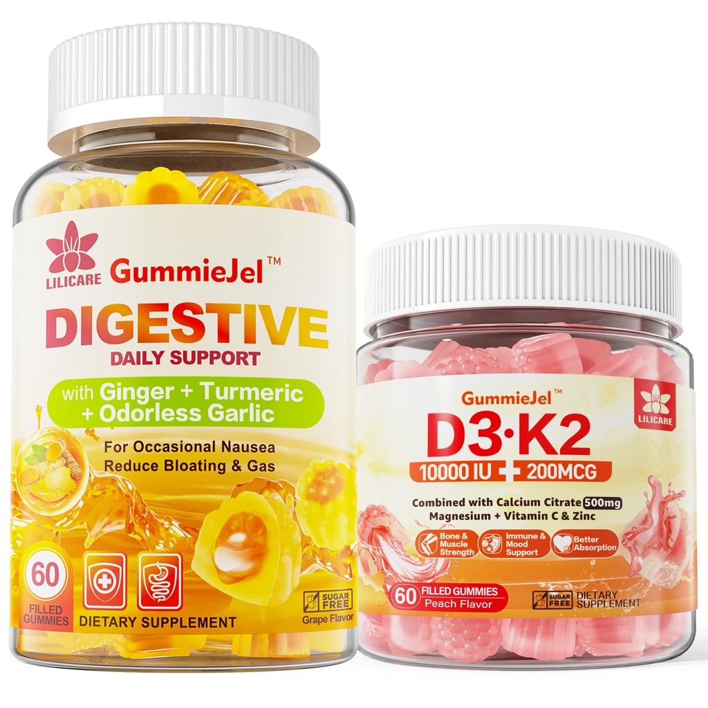 Vitamina D3 K2 Gume umplute 5000 UI / 10000 UI cu 500 mg Calciu, Citrat de magneziu, Vitamina C & Ginger Chews Supliment Gumies pentru Greaţă, Relief de stomac