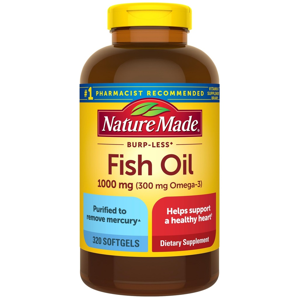 Natura făcut Burp mai puțin ulei de pește Omega 3 Suplimente, 1000mg Softgels, Omega 3 Suplimente de ulei de pește pentru suport cardiac sănătos, 320 Softgels, 160 zile de aprovizionare