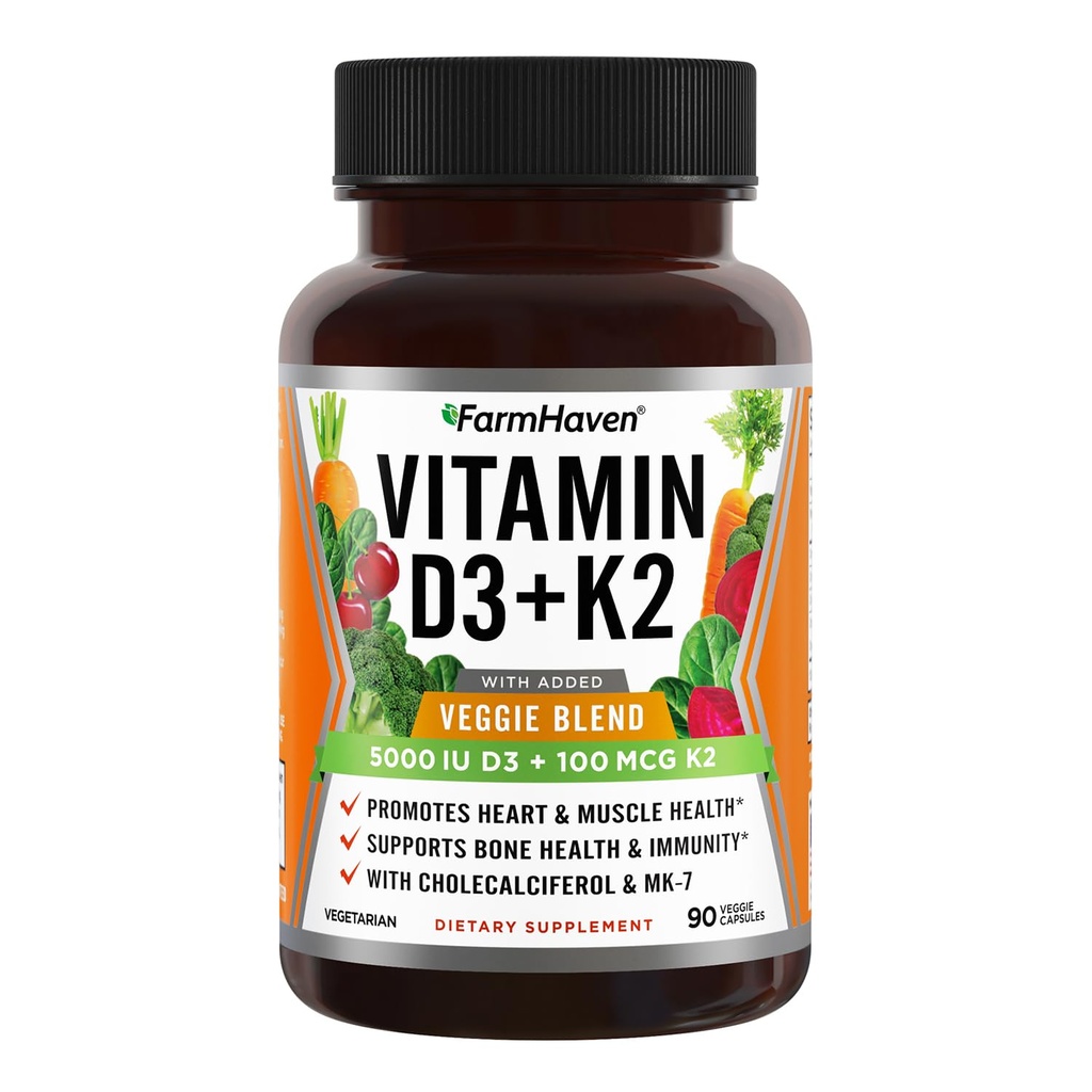 FarmHaven Vitamina D3 K2 Capsule - 5000 UI D3 și 100 mcg K2 - Colecalciferol MK7 împreună cu Veggie Fruit Blend - Vitamina D K2 Suplimentul pentru Sistemul imunitar și sănătatea inimii - Vegetarian, Non-GMO, 90 Capsuri