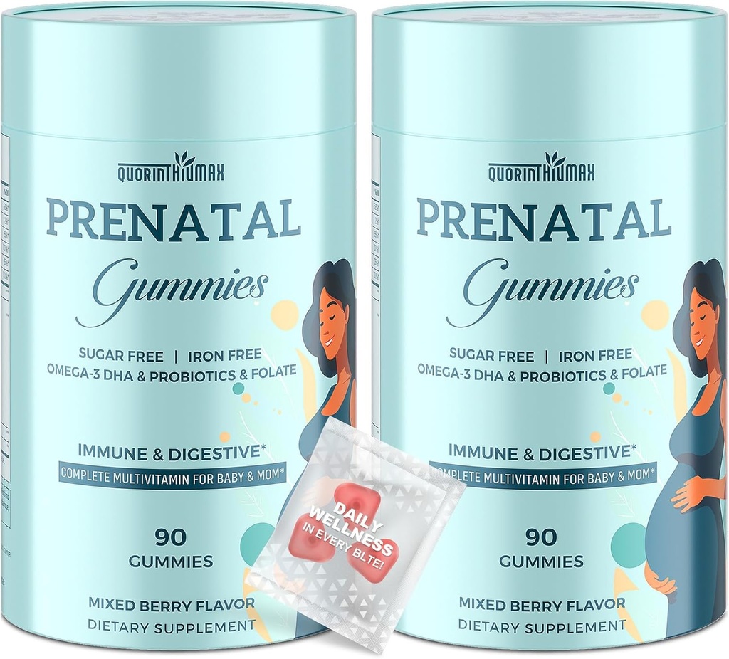 Gume prenatale de zahăr fără 180 Conte - Organice Vitamine prenatale pentru femei cu Folate, DHA & Probiotice - Iron gratuit Prenatal Vitamine Gumies pentru imune si digestive - 2 sticle