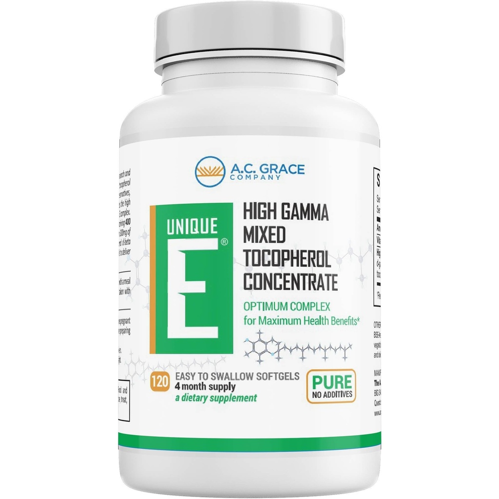 UNIQUE E A.C. Grace Company Mixed Tocopherols 120 Soft Gels, Sprijină Funcţia Creierului Sanatos, Sănătatea Generala şi Suportul pentru Îmbătrânire, Vitamina E Naturală şi Kosher