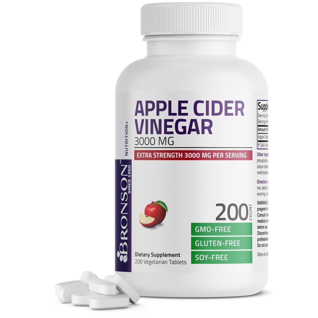 Bronson Apple Cidru Oţet 3000 MG per Serving Extra Putere - non-GMO, 200 Vegetarian comprimate