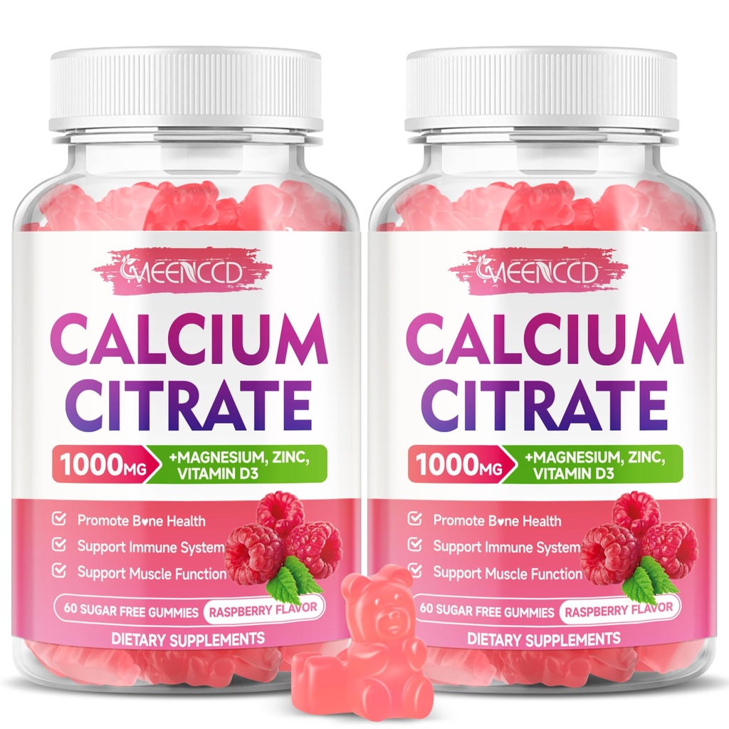 2 Pachet Citrat de calciu Gumries 1000mg w/Vitamina D3, Gume de calciu de înaltă absorbţie pentru femei şi bărbaţi, Plus Magneziu, Potasiu, Zinc pentru musculare şi imune, Aroma de zmeură, 120 Conte