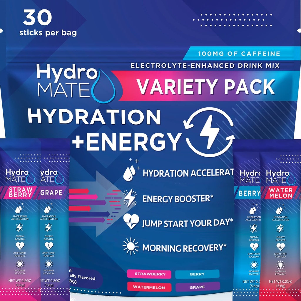 HidroMATE Electroliti praf de bautura pachete hidratare Accelerator scăzut zahăr Party Favoruri pentru recuperare rapidă vitamina C Plus Cafeina Varietate ambalaj - 30 Conte