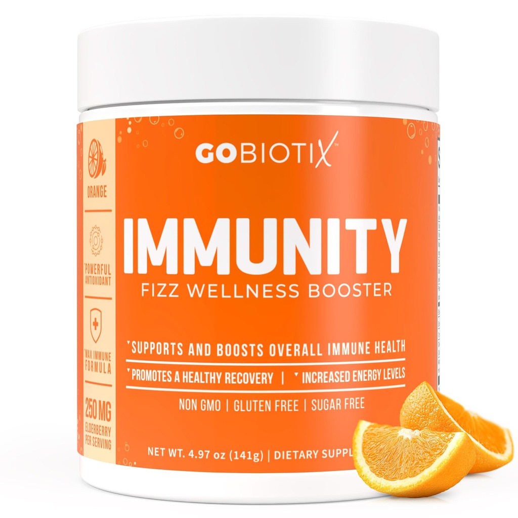 GOBIOTIX Vitamina C - supliment de sprijin pentru apărare imună - praf de imunitate Booster - Vegan Superfood - Elderberry, Turmeric, B12 Suplimentul de vitamine, non-GMO și zahăr gratuit (Orange)