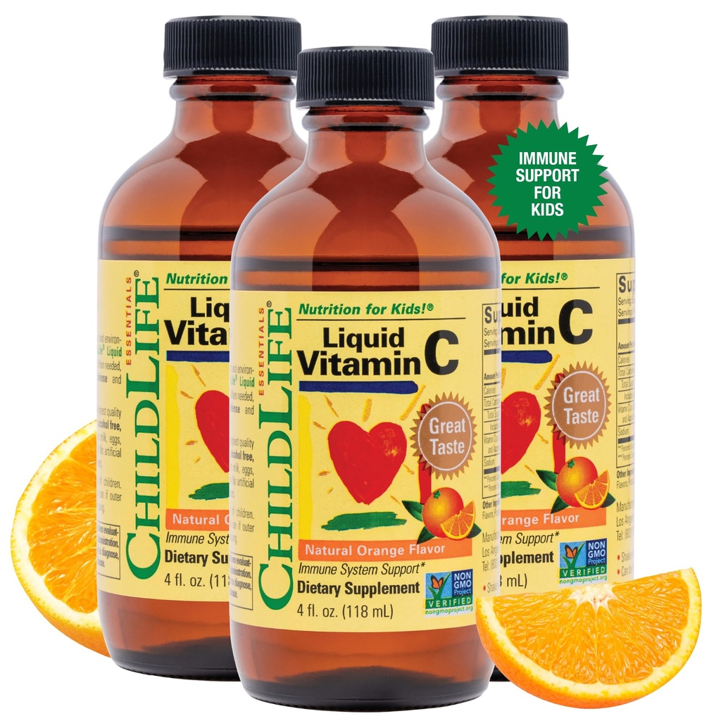CHILDLIFE ESENȚIALE Vitamina lichid C - supliment lichid pur vitamina C pentru copii, suport sistem imunitar, gust mare - aroma natural portocaliu, 4 Fl Oz (Pachet de 3)