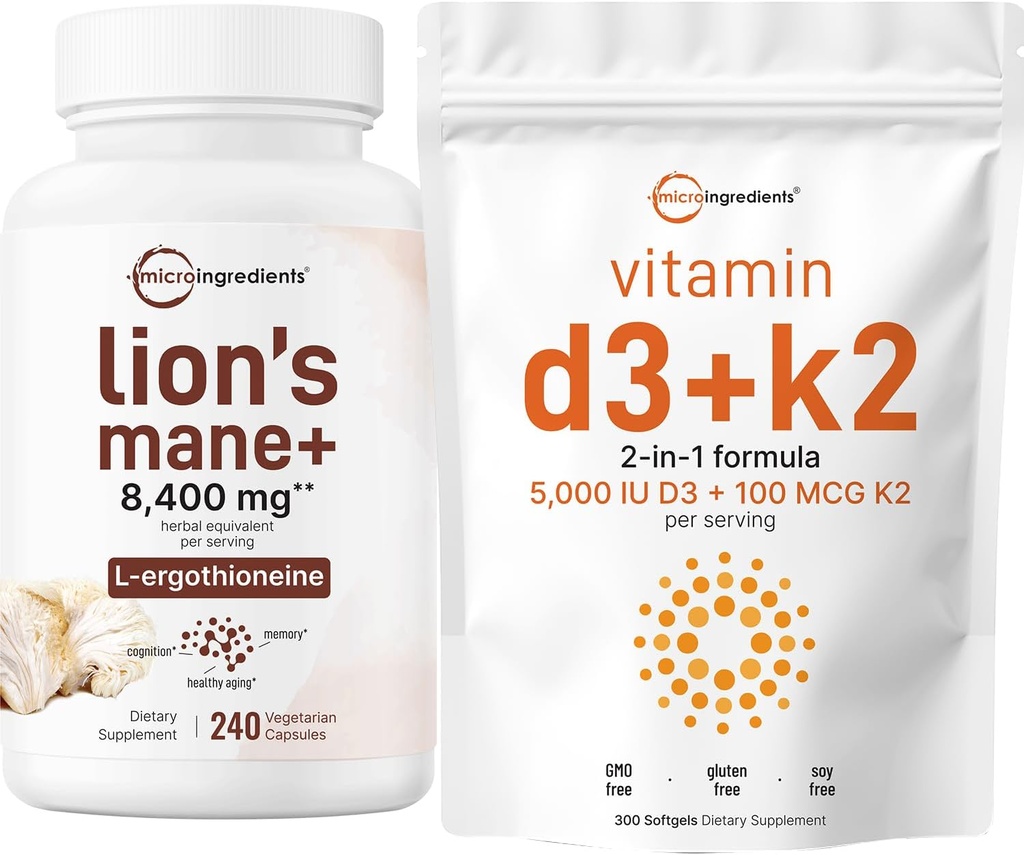 Micro Ingrediente Vitamina D3 5.000iu + K2 100mcg Softgels & Lions Mane Supliment 240 Capsule Veggie Bundle 2 Pack 